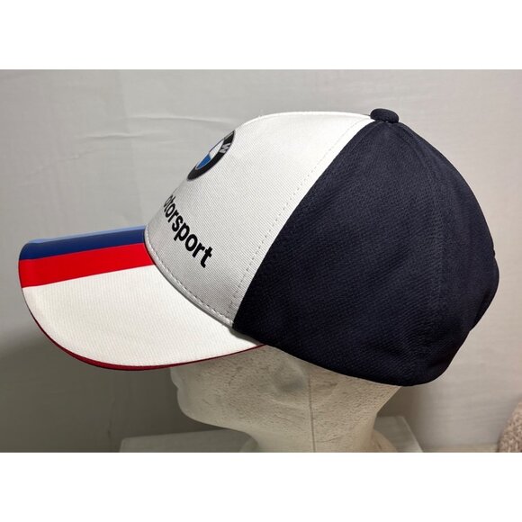 BMW Motorsport Cap Hat Snapback Adjustable Fit Stripe White Red Blue Navy - Picture 6 of 9